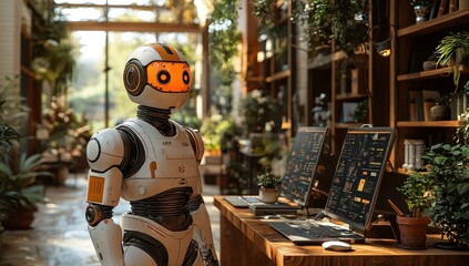 Robot helpers working on computer keyboards in an illuminated office environment