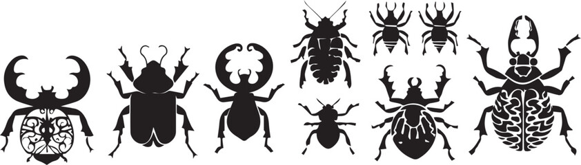 A set of insects silhouettes for flat design. Hand drawn vector illustration