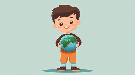 Global Education Concept: Little Boy Holding a Globe Flat Vector Illustration