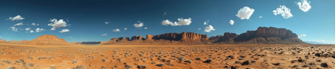 Naklejka premium A sweeping panorama reveals the expansive beauty of an African savannah, under a clear blue sky dotted with gentle clouds, showcasing the natural splendor of the scene