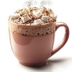 Steaming hot chocolate marshmallows mug, winter drink, white background