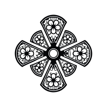 Design a stylized Aztec flower symbol, emphasizing its decagonal petal structure with intricate, geometric detailing.
