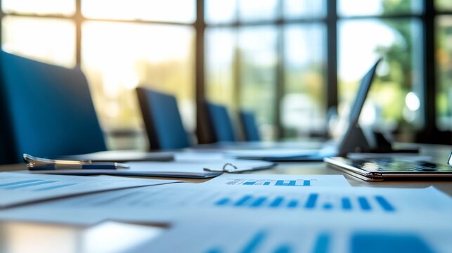 Business meeting room with documents, laptop, tablet and blue chairs ready for presentation - Powered by Adobe