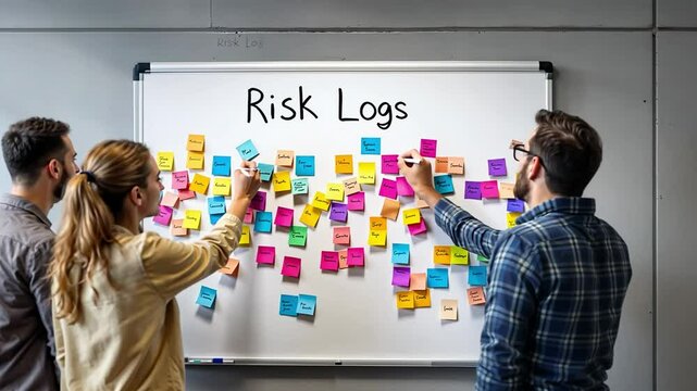 4K Footage of A team collaborates on identifying and organizing "Risk Logs" on a whiteboard filled with colorful sticky notes, showcasing proactive risk management strategies.