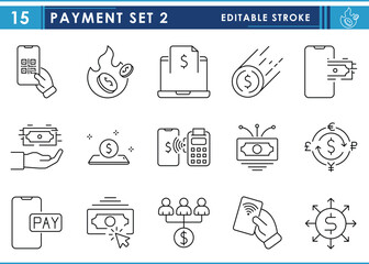 A set of line icons related to Payment. Pay, digital, cardless, QR, document, currency, and so on. Vector editable stroke.