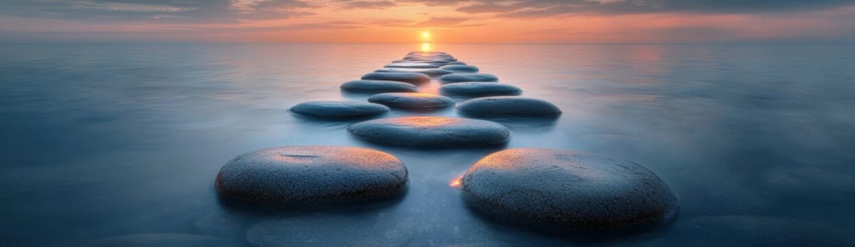At sunset, rocks near Captain's Village by the coast of Kasmu in Estonia, Baltic Sea, feature a clear blue sky with pink clouds. The view is panoramic, ideal for travel destinations, vacations, and