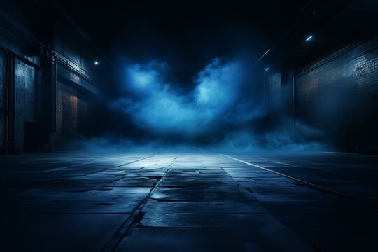 Empty concrete floor in a dark alley with blue smoke, illuminated by futuristic lights, creating a mysterious and dramatic atmosphere