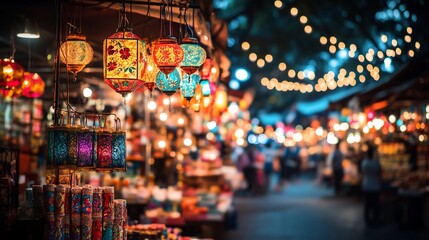 Colorful lanterns hang at vibrant night market