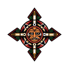 Design a vibrant, symbolic vector logo inspired by Aztec art, featuring geometric patterns and a sun or eagle motif.  Maintain a clean, modern aesthetic.