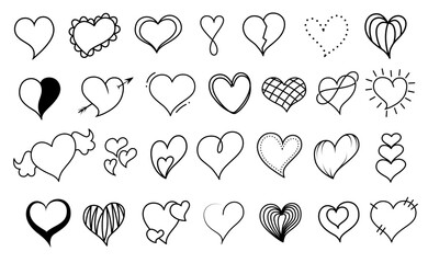 A set of black outlines of hearts on a white background. Vector illustration.