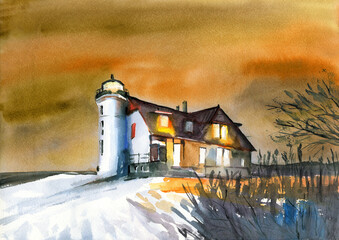 Watercolor illustration of a lighthouse with an annex on a snow-covered hill under a yellow sunset sky (This illustration was drawn by hand without the use of generative AI!)