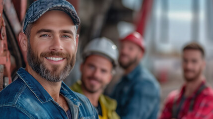 Fototapeta premium A close-knit team of oilfield workers poses proudly on location, surrounded by equipment and machinery, highlighting their vital role in energy production and the economy