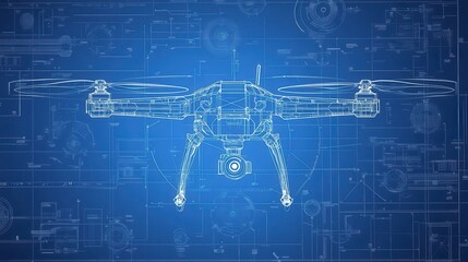 Fototapeta premium Drone flying over blueprint background with technical design and measurements