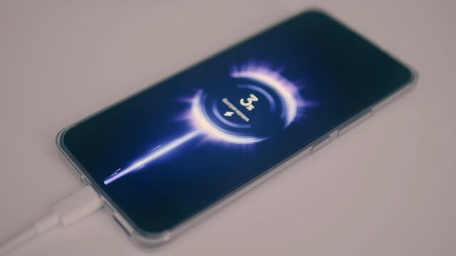 On a white table, the modern smartphone starts fast charging and the monitor displays the percentage of the charge level and the power of the charger at 120 watts. Closeup. Shot in motion
