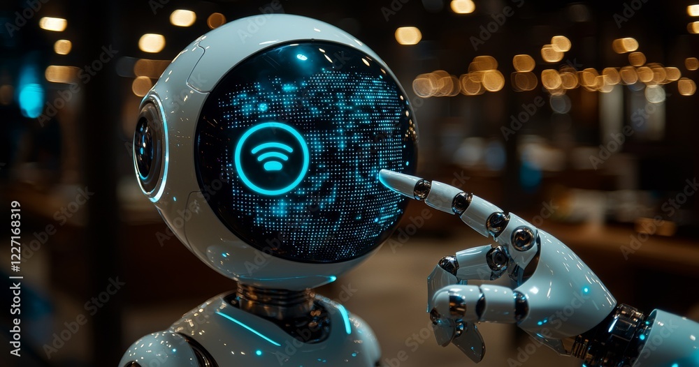 Poster touching a digital chatbot to retrieve information and data from the online network