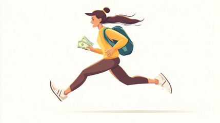 Naklejka premium Professional Businesswoman Running with Money, Flat Vector Illustration for Corporate Finance Concepts