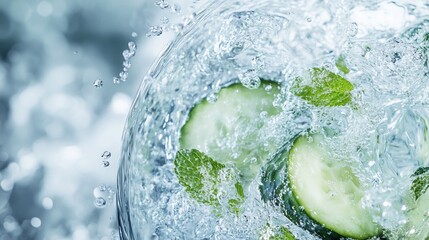 Refreshing cucumber mint water splash, summer drink, ice background, healthy beverage