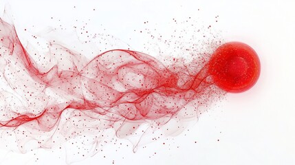 Fototapeta premium Red sphere exploding, particles dispersing on white, science background, medical illustration