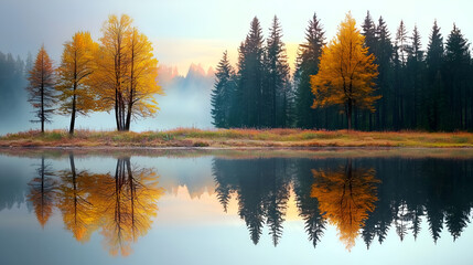 Obraz premium A serene landscape featuring golden autumn trees reflecting on a calm lake, surrounded by dense evergreen forests in a misty atmosphere.
