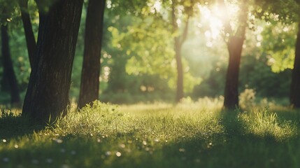 Obraz premium Sunlit forest path, green grass, trees, summer, nature background, peaceful scene, website banner
