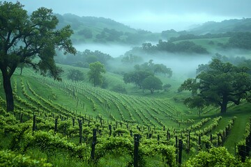 Obraz premium Springtime brings clouds and mist to rolling hills in Julian, California, where pear trees are in full bloom among coastal live oaks and buckwheat