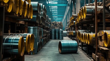 high quality Galvanized steel pipe or Aluminum and chrome stainless pipes in a storage area in a steel industry plant, waiting for shipment in warehouse.