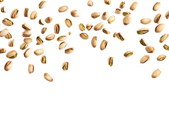 Falling pistachios isolated on a white background, high-resolution photography, professional photograph, sharp focus. 