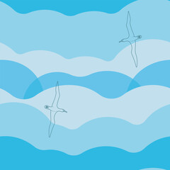Blue waves and albatross. Vector color blue image seamless pattern.