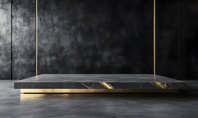 Marble platform, gold accents, dark studio, product display