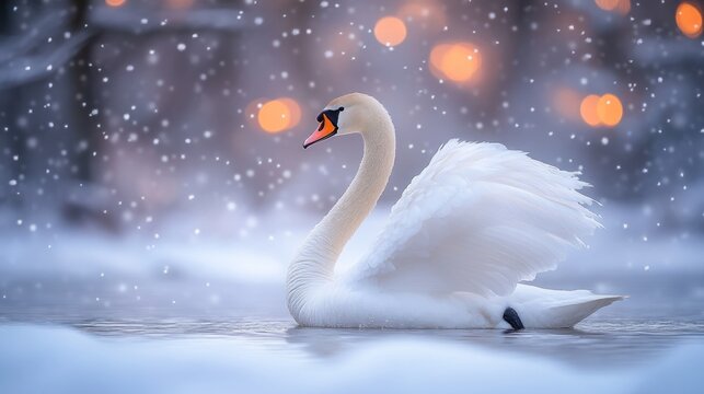 Elegant swan in snowy winter scene.