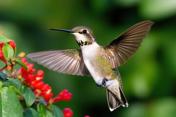 Obraz premium A hummingbird in mid-flight, gracefully hovering over vibrant red flowers, showcasing its colorful feathers and delicate beauty.