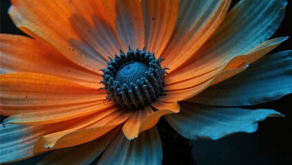 A close up of a flower with a blue and orange hue
