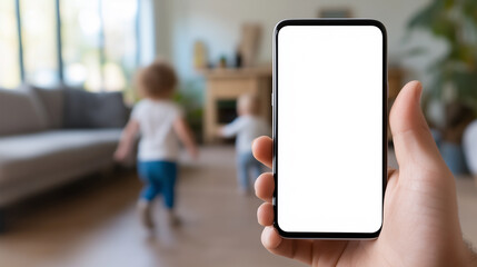Closeup of a hand holding a blank smartphone while toddlers run in a living room during daytime