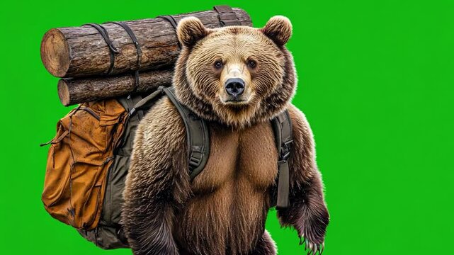 Grizzly Backpacker: A powerful grizzly bear, muscles rippling beneath its thick fur, carries a large backpack laden with logs against a vibrant green screen.  Ready for your adventure edits.
