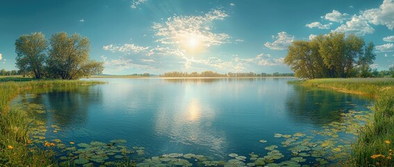 In Riding Mountain National Park, close to Sand Lake, Onanole, Manitoba, Canada, one finds a calm landscape dominated by dramatic clouds and punctuated by fir trees, water lilies, and other plant
