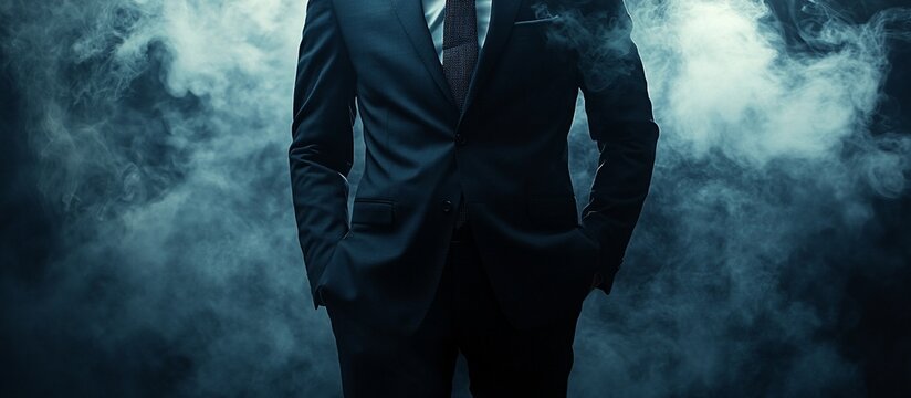Mysterious businessman smoky background, studio portrait