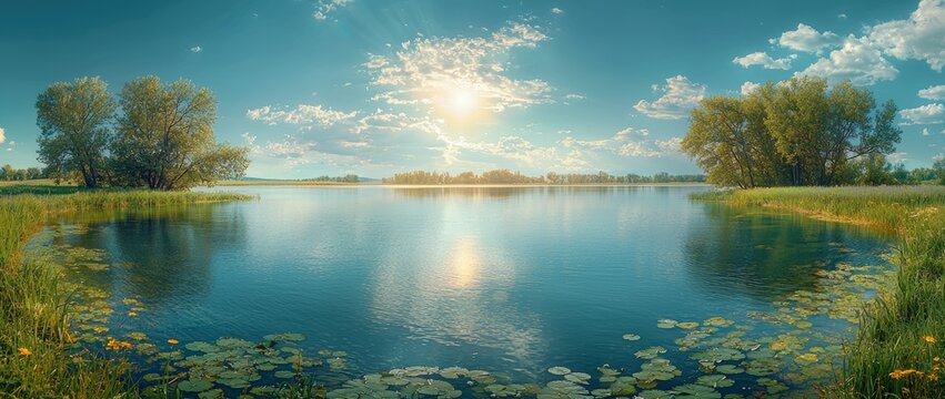 In Riding Mountain National Park, close to Sand Lake, Onanole, Manitoba, Canada, one finds a calm landscape dominated by dramatic clouds and punctuated by fir trees, water lilies, and other plant