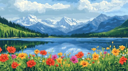 Serene Mountain Lake With Vibrant Wildflowers