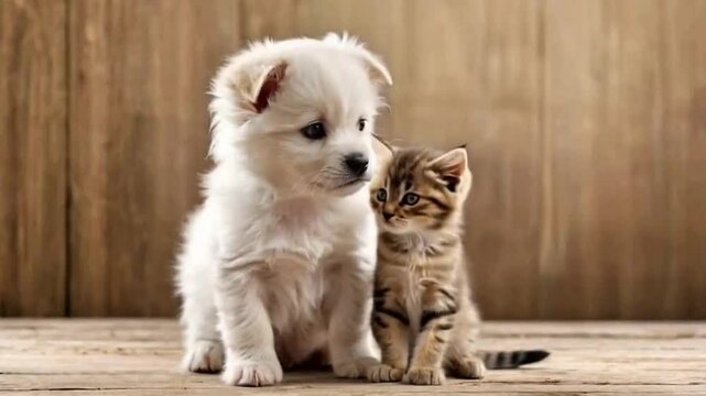 A Fluffy White Puppy and a Striped Tabby Kitten Sit Together on a Rustic Wooden Floor, Embodying the Essence of Interspecies Friendship