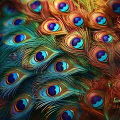Obraz premium close-up of vibrant colorful peacock feathers, background graphic resource