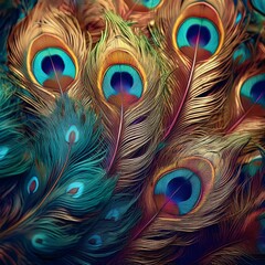 Obraz premium close-up of vibrant colorful peacock feathers, background graphic resource