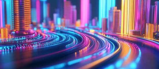 Neon city data flow, futuristic highway, vibrant backdrop, tech website