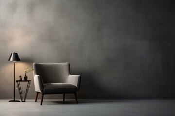 Stylish gray armchair and floor lamp illuminating a modern interior with a minimalist aesthetic