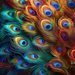 close-up of vibrant colorful peacock feathers, background graphic resource