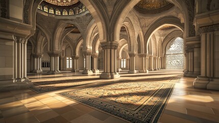 mosque interior with intricate designs, realistic and detailed, soft golden lighting