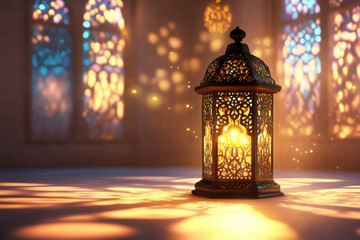 Ornamental Arabic lantern with burning candle glowing at night and glittering golden bokeh lights. Festive greeting card, invitation for Muslim holy month Ramadan Kareem. Dark background