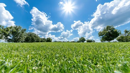 Sunny day, green field, blue sky, puffy clouds, summer landscape, nature background, ideal for travel brochures