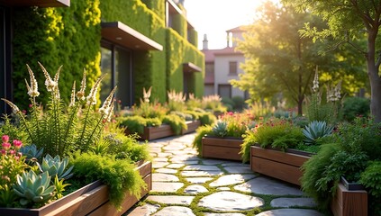 Naklejka premium Community Garden with Raised Planters and Living Walls