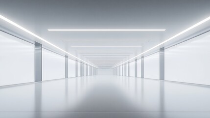 Fototapeta premium Bright futuristic corridor, glowing lights, empty space, website background