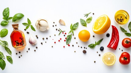Fresh herbs, spices, citrus & oil on white background; food blog header